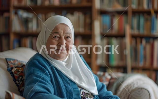 النظر الى الكاميرا بايماءات السعادة و السرور، صورة مقربة لإمراة عربية خليجية سعودية مسنة ترتدي الحجاب الابيض وتجلس على الاريكة، خلفية مكتبة 