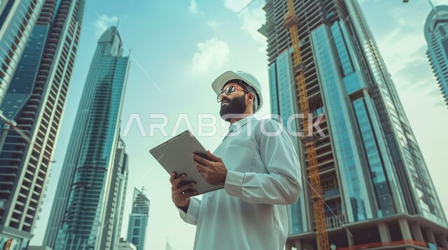 إنشاء الأساسات والهياكل للمشروعات السكنية، أعمال البناء والمقاولات والتطوير العقاري في السعودية، مهندس معماري عربي خليجي سعودي يرتدي الخوذة والثوب يحمل بيده المخطط يقف في موقع البناء، تشييد المباني والمشاريع الضخمة