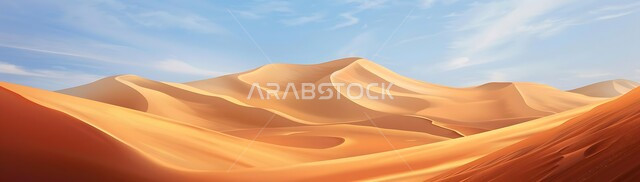 Dunes and hills of soft golden sand, sand formations and formations in the desert of Saudi Arabia, terrain and heights and peaks in the prairies, panoramic image of the desert areas and desert environment in the daytime
