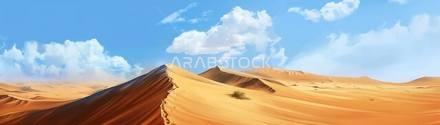 التكوينات والتشكلات الرملية في صحراء المملكة العربية السعودية, التضاريس و المرتفعات والقمم في البراري، صورة بانورامية لمناطق البادية والبيئة الصحراوية في النهار, الكثبان والتلال من الرمال الناعمة الذهبية