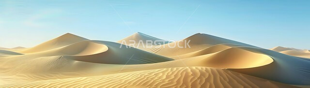 Terrain, elevations and peaks in the prairie, sand formations and formations in the desert of the Kingdom of Saudi Arabia, panoramic image of the desert areas and desert environment during the day, dunes and hills of soft golden sand