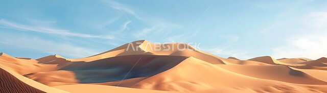 Hills and dunes of soft golden sand, sand formations and formations in the desert of Saudi Arabia, terrain and heights and peaks in the prairies, panoramic image of the desert areas and desert environment in the day