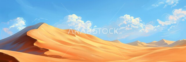 الكثبان والتلال من الرمال الناعمة الذهبية، التكوينات والتشكلات الرملية في صحراء المملكة العربية السعودية, التضاريس و المرتفعات والقمم في البراري، صورة بانورامية لمناطق البادية والبيئة الصحراوية في النهار