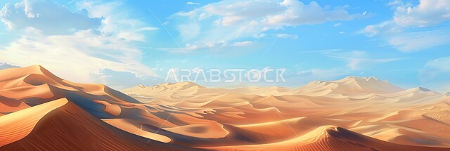 التكوينات والتشكلات الرملية في صحراء المملكة العربية السعودية, التضاريس و المرتفعات والقمم في البراري، صورة بانورامية لمناطق البادية والبيئة الصحراوية في النهار, الكثبان والتلال من الرمال الناعمة الذهبية