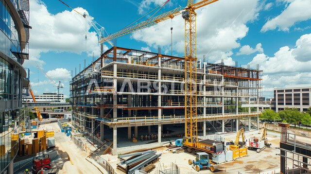 الآلات والمعدات الثقيلة والرافعات والسقالات العالية, مفهوم الهندسة الانشائية والمعمارية, مبنى قيد الانشاء في المملكة العربية السعودية, أعمال البناء وصب الخرسانات ووضع الأساسات, تنفيذ مخطط الإعمار وتشكيل الهيكل المعدني, برج تحت التشييد باستخدام الآليات الحديثة