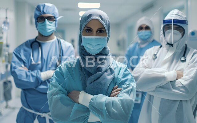  مجموعة أطباء عربيين خليجيين سعوديين يرتدون الزي الطبي و القناع الواقي يقفون باستقامة و أيدي متقاطعة, النظر إلى الكاميرا بإيماءات الجدية و الحزم،  مفهوم الرعاية الصحية في المملكة العربية السعودية