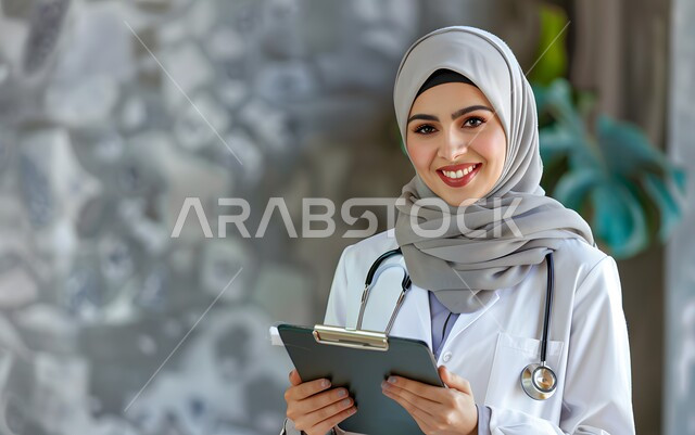 تدوين معلومات وبيانات المرضى، مهن ووظائف سعودية، تقديم الخدمات والاستشارات الطبية، بورتريه لطبيبة عربية خليجية سعودية محجبة ترتدي المعطف الطبي والسماعة تحمل بيدها دفتر  للتسجيل