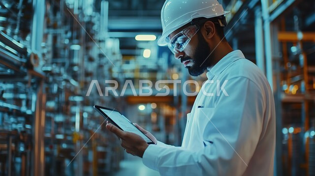 صناعات ومشاريع بيتروكيماوية, العمل في مجال هندسة البترول, صورة مقربة لمهندس خليجي يرتدي البدلة الواقية وخوذة الحماية يقوم بتقييم جودة المصانع النفطية في المملكة العربية السعودية, مصنع تكرير النفط والغاز في المنطقة الصناعية