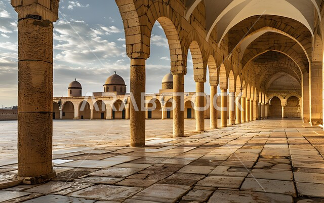 اطلالة المآذن والقبب على الفناء الخارجي للمسجد، معالم وأماكن دينية مقدسة في المملكة العربية السعودية، دعوة المسلمين لآداء الصلاة والتقرب إلى الله تعالى، الفن الهندسي المعماري والديكورات الاسلامية على الطراز الحجري القديم