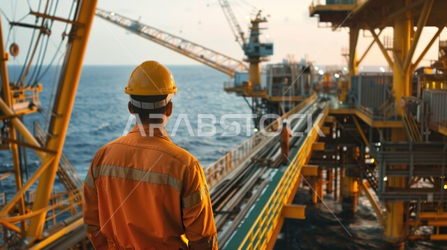 صناعات ومشاريع بيتروكيماوية, العمل في مجال هندسة البترول, صورة من الخلف لمهندس خليجي يرتدي البدلة الواقية وخوذة الحماية في المملكة العربية السعودية, مصنع تكرير النفط والغاز في المنطقة الصناعية