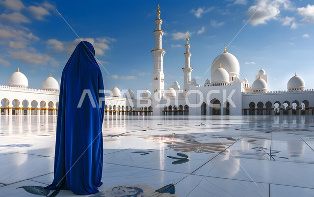 Worship and getting closer to God, a picture from the back of a veiled Emirati Gulf Arab woman wearing a blue abaya entering the Sheikh Zayed bin Sultan Al Nahyan Mosque in Abu Dhabi, United Arab Emirates, Islamic architectural art