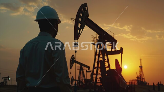 Oil exploration equipment and tools, petrochemical industrial projects, a silhouette from behind of a Saudi Arabian Gulf engineer wearing a protective suit and helmet, extracting oil from desert lands at sunset, economic growth and progress, Salwit