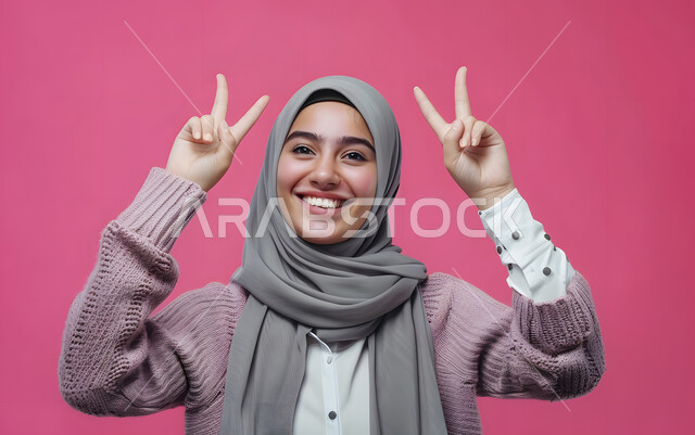 النجاح وتحقيق الأهداف، تعابير السرور والسعادة، بورتريه مقرب لامرأة عربية خليجية سعودية محجبة مبتسمة ترتدي العباءة الملونة تنظر إلى الكاميرا بايماءات وجه ويدين تدل على الفوز والإنتصار، شابة سعودية انيقة، خلفية وردية