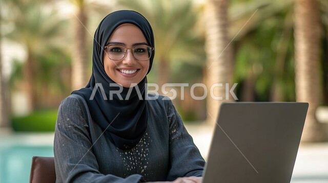 ملابس محجبات عصرية راقية، مفهوم الأنوثة والنعومة، الاهتمام بالمظهر الخارجي والأناقة، صورة مقربة لامرأة عربية خليجية سعودية محجبة تنظر إلى الكاميرا بايماءات الثقة بالنفس والسرور