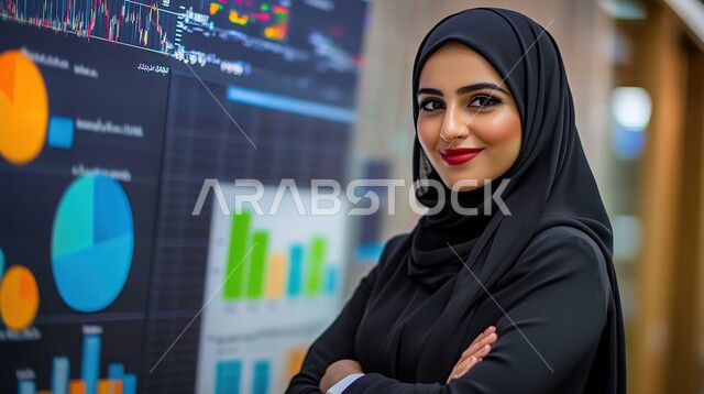 ملابس محجبات عصرية راقية، مفهوم الأنوثة والنعومة، الاهتمام بالمظهر الخارجي والأناقة، صورة مقربة لامرأة عربية خليجية سعودية محجبة تنظر إلى الكاميرا بايماءات الثقة بالنفس والسرور