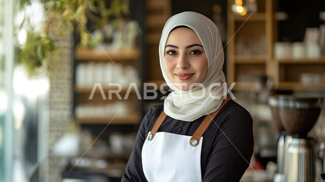 ملابس محجبات عصرية راقية، مفهوم الأنوثة والنعومة، الاهتمام بالمظهر الخارجي والأناقة، صورة مقربة لامرأة عربية خليجية سعودية محجبة تنظر إلى الكاميرا بايماءات الثقة بالنفس والسرور