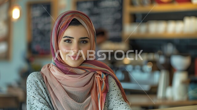 ملابس محجبات عصرية راقية، مفهوم الأنوثة والنعومة، الاهتمام بالمظهر الخارجي والأناقة، صورة مقربة لامرأة عربية خليجية سعودية محجبة تنظر إلى الكاميرا بايماءات الثقة بالنفس والسرور