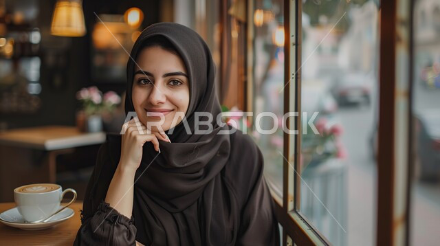 ملابس محجبات عصرية راقية، مفهوم الأنوثة والنعومة، الاهتمام بالمظهر الخارجي والأناقة، صورة مقربة لامرأة عربية خليجية سعودية محجبة تنظر إلى الكاميرا بايماءات الثقة بالنفس والسرور