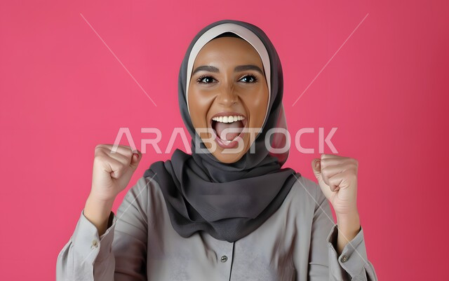 Success and achievement of goals, expressions of joy and happiness, close-up portrait of a smiling veiled Saudi Arabian Gulf woman wearing a colorful abaya looking at the camera with facial and hand gestures indicating victory and triumph, elegant Saudi young woman, pink background