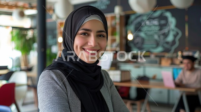 مفهوم الأنوثة والنعومة، ملابس محجبات عصرية راقية، الاهتمام بالمظهر الخارجي والأناقة، صورة مقربة لامرأة عربية خليجية سعودية محجبة تنظر إلى الكاميرا بايماءات الثقة بالنفس والسرور