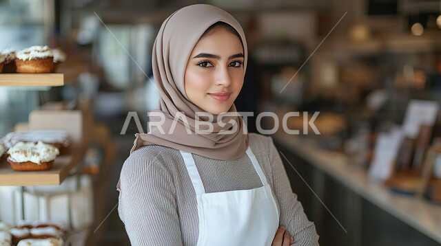 مفهوم الأنوثة والنعومة، ملابس محجبات عصرية راقية، الاهتمام بالمظهر الخارجي والأناقة، صورة مقربة لامرأة عربية خليجية سعودية محجبة تنظر إلى الكاميرا بايماءات الثقة بالنفس والسرور