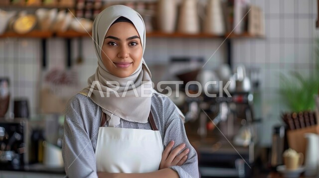 مفهوم الأنوثة والنعومة، ملابس محجبات عصرية راقية، الاهتمام بالمظهر الخارجي والأناقة، صورة مقربة لامرأة عربية خليجية سعودية محجبة تنظر إلى الكاميرا بايماءات الثقة بالنفس والسرور
