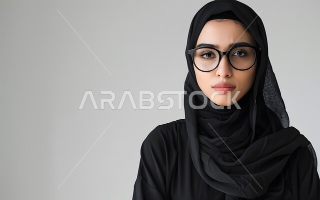  مفهوم الأنوثة والاهتمام بالمظهر الخارجي، بورتريه مقرب لامرأة عربية خليجية سعودية محجبة ترتدي العباءة السوداء و النظارات الطبية تنظر الى الكاميرا بايماءات الجدية، خلفية بيضاء
