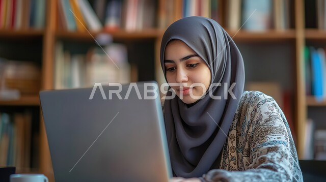 Paying attention to external appearance and elegance, the concept of femininity and softness, sophisticated modern veiled clothes, a close-up picture of a veiled Saudi Arabian Gulf woman using a laptop to accomplish practical tasks.