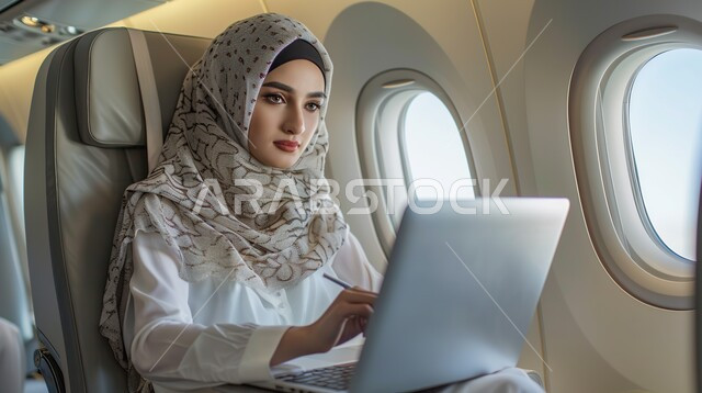 Paying attention to external appearance and elegance, the concept of femininity and softness, sophisticated modern veiled clothes, a close-up picture of a veiled Saudi Arabian Gulf woman using a laptop to accomplish practical tasks.