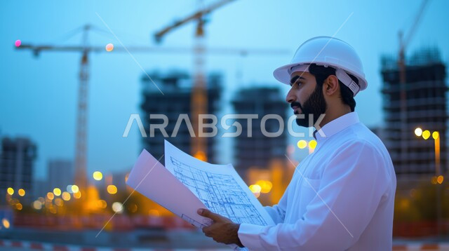 تدقيق مخططات المشروع، مهن ووظائف هندسية سعودية، الاشراف على المشاريع في موقع العمل، صورة مقربة  لمهندس مدني عربي خليجي سعودي يرتدي الثوب التقليدي وخوذة الحماية يقف في مقر الإنشاءات، تطور ونمو القطاع الهندسي في المملكة
