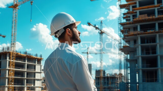 تدقيق مخططات المشروع، مهن ووظائف هندسية سعودية، الاشراف على المشاريع في موقع العمل، صورة مقربة  لمهندس مدني عربي خليجي سعودي يرتدي الثوب التقليدي وخوذة الحماية يقف في مقر الإنشاءات، تطور ونمو القطاع الهندسي في المملكة