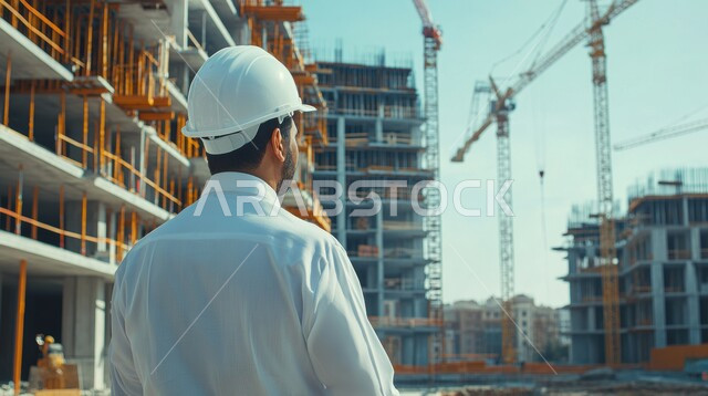 تدقيق مخططات المشروع، مهن ووظائف هندسية سعودية، الاشراف على المشاريع في موقع العمل، صورة مقربة  لمهندس مدني عربي خليجي سعودي يرتدي الثوب التقليدي وخوذة الحماية يقف في مقر الإنشاءات، تطور ونمو القطاع الهندسي في المملكة