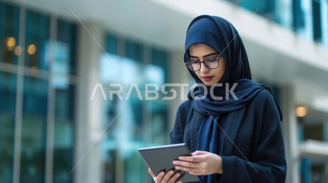 الاهتمام بالمظهر الخارجي والأناقة، مفهوم الأنوثة والنعومة، ملابس محجبات عصرية راقية، صورة مقربة لامرأة عربية خليجية سعودية تستخدم الايباد  لانجاز المهام  العملية والتواصل مع الاصدقاء