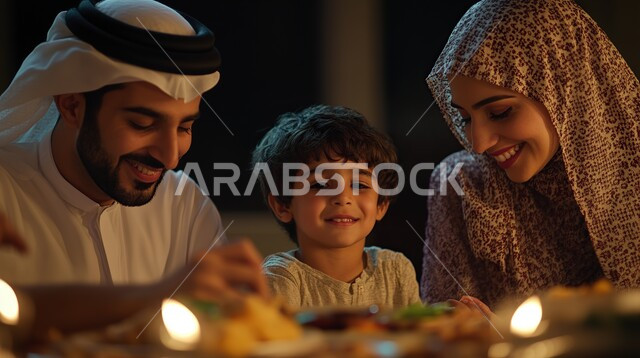 Happy family atmosphere, spending fun with the children, gestures of joy and pleasure, expressions of joy and happiness, family dialogues and discussions, a close-up of a Saudi-Gulf Arab family gathered around the dining table