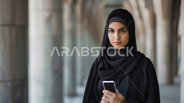 الاهتمام بالمظهر الخارجي والأناقة، مفهوم الأنوثة والنعومة، ملابس محجبات عصرية راقية، صورة مقربة لامرأة عربية خليجية سعودية تستخدم الهاتف المحمول للتواصل مع الاصدقاء والعائلة