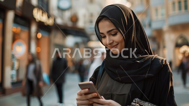 الاهتمام بالمظهر الخارجي والأناقة، مفهوم الأنوثة والنعومة، ملابس محجبات عصرية راقية، صورة مقربة لامرأة عربية خليجية سعودية تستخدم الهاتف المحمول للتواصل مع الاصدقاء والعائلة