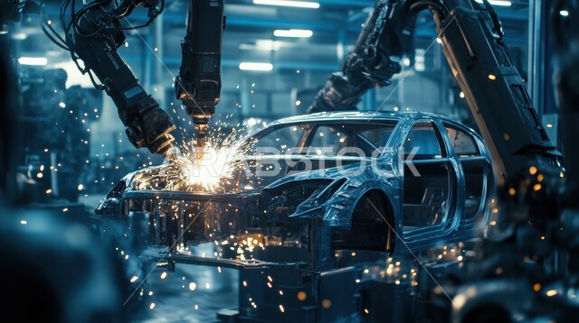 خط الانتاج الآلي في تجميع قطع السيارة وتركبيها، استخدام أجهزة متطورة في انتاج وتصنيع السيارات الحديثة, الاعتماد على التشغيلات الآلية لأذرع الروبوتات في معامل ومصانع المملكة، رؤية مستقبلية سعودية 2030، تحقيق الثورة الصناعية