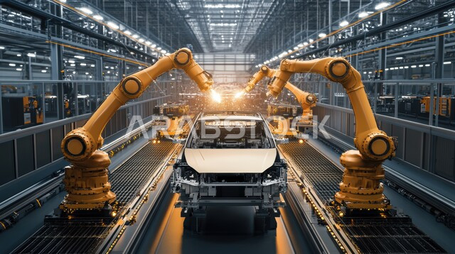 خط الانتاج الآلي في تجميع قطع السيارة وتركبيها، استخدام أجهزة متطورة في انتاج وتصنيع السيارات الحديثة, الاعتماد على التشغيلات الآلية لأذرع الروبوتات في معامل ومصانع المملكة، رؤية مستقبلية سعودية 2030، تحقيق الثورة الصناعية