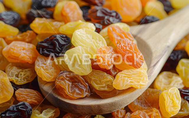 الزبيب العنب المجفف نوع من أنواع الفواكهة المجففة, صورة مقربة للزبيب الاصفر , فواكة صحية ولذيذة , عنصر غذائي مفيد للصحة