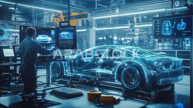 Saudi Vision 2030, achieving the industrial revolution, automated production line in assembling and installing car parts, using advanced devices in the production and manufacturing of modern cars, relying on automated operations of robot arms in the Kingdom’s factories and plants