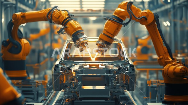 Saudi Vision 2030, achieving the industrial revolution, automated production line in assembling and installing car parts, using advanced devices in the production and manufacturing of modern cars, relying on automated operations of robot arms in the Kingdom’s factories and plants