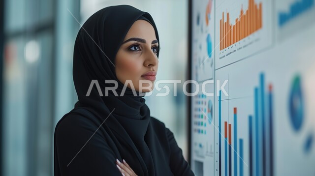 ملابس محجبات عصرية راقية، الاهتمام بالمظهر الخارجي والأناقة، مفهوم الأنوثة والنعومة، صورة مقربة لامرأة عربية خليجية سعودية تقوم بالنظر الى شيء ما