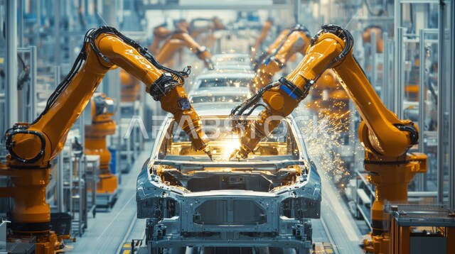 الاعتماد على التشغيلات الآلية لأذرع الروبوتات في معامل ومصانع المملكة، رؤية مستقبلية سعودية 2030، تحقيق الثورة الصناعية، خط الانتاج الآلي في تجميع قطع السيارة وتركبيها، استخدام أجهزة متطورة في انتاج وتصنيع السيارات الحديثة