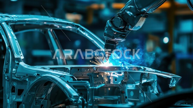 الاعتماد على التشغيلات الآلية لأذرع الروبوتات في معامل ومصانع المملكة، رؤية مستقبلية سعودية 2030، تحقيق الثورة الصناعية، خط الانتاج الآلي في تجميع قطع السيارة وتركبيها، استخدام أجهزة متطورة في انتاج وتصنيع السيارات الحديثة