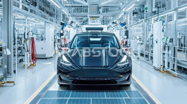 Using advanced devices in the production and manufacture of modern cars, relying on automated operations of robot arms in the Kingdom’s factories and plants, Saudi Vision 2030, achieving the industrial revolution, automated production line in assembling and installing car parts