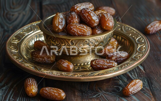 Delicious Ramadan hospitality, pride of local production, dates from the palm trees of the Kingdom of Saudi Arabia, Saudi national agricultural crops and products, close-up of a decorated copper plate filled with fresh healthy sugar dates, a meal with high nutritional value