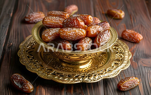 Delicious Ramadan hospitality, pride of local production, dates from the palm trees of the Kingdom of Saudi Arabia, Saudi national agricultural crops and products, close-up of a decorated copper plate filled with fresh healthy sugar dates, a meal with high nutritional value