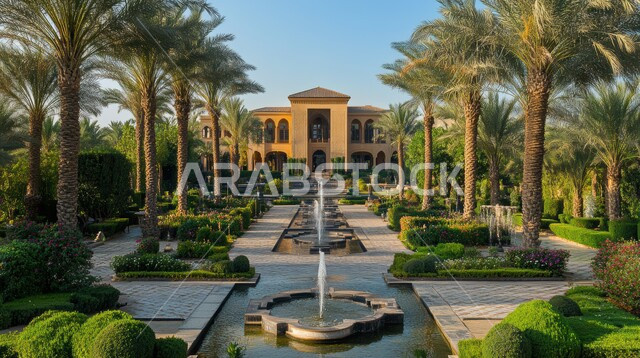 قصر كبير مع نافورة في الفناء الأمامي، الاهتمام في زراعه النباتات الخضراء و اشجار النخيل في حديقة مجمع سكني فاخر، الفن الهندسي المعماري للشقق و الفلل السكنية ، تصاميم عصرية مميزة ،خلفية الطبيعه 