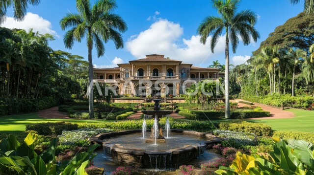 قصر كبير مع نافورة في الفناء الأمامي، الاهتمام في زراعه النباتات الخضراء و اشجار النخيل في حديقة مجمع سكني فاخر، الفن الهندسي المعماري للشقق و الفلل السكنية ، تصاميم عصرية مميزة ،خلفية الطبيعه 