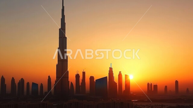 منظر بانورامي لأفق دبي مع صورة برج خليفة، النمو والتطور العمراني على ساحل الخليج العربي, الفن الهندسي المعماري للمباني و المنشآت, الأبراج والفنادق وناطحات السحاب في دولة الامارات العربية المتحدة